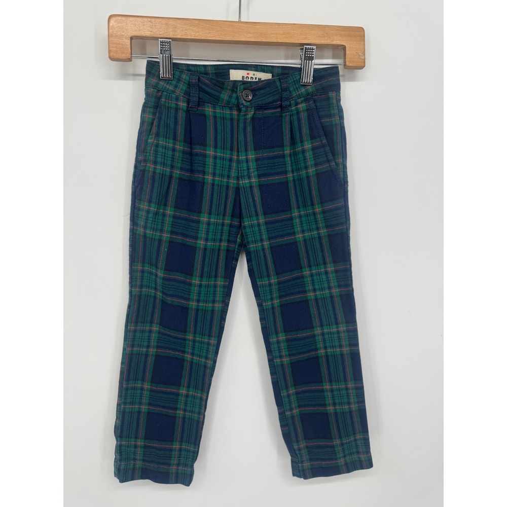 Mini Boden Plaid Trousers Kids 4-5Y Green Navy Tartan Holiday Preppy Christmas